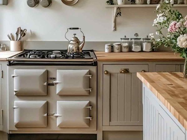 a grey AGA cooker  with a copper kettle on the stove