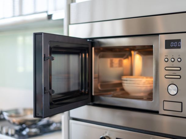 open microwave door the light is on and there are some owls inside